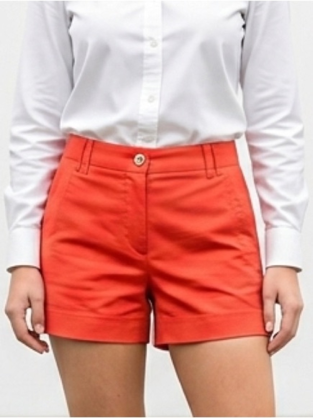 Tory Burch Red Tailored Chino Shorts Gold Logo Button Mid Rise Mini Short Sz 6